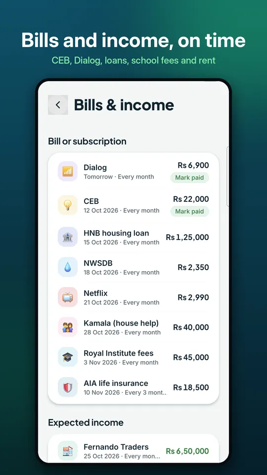 Bills and income on time: CEB, Dialog, loans, school fees and rent