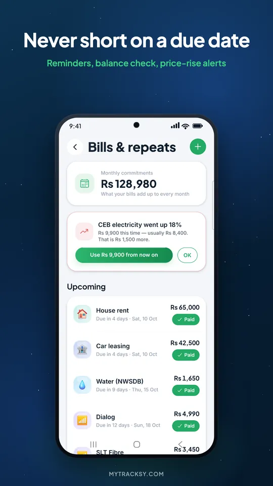 Bills and repeats, with a balance check before the due date