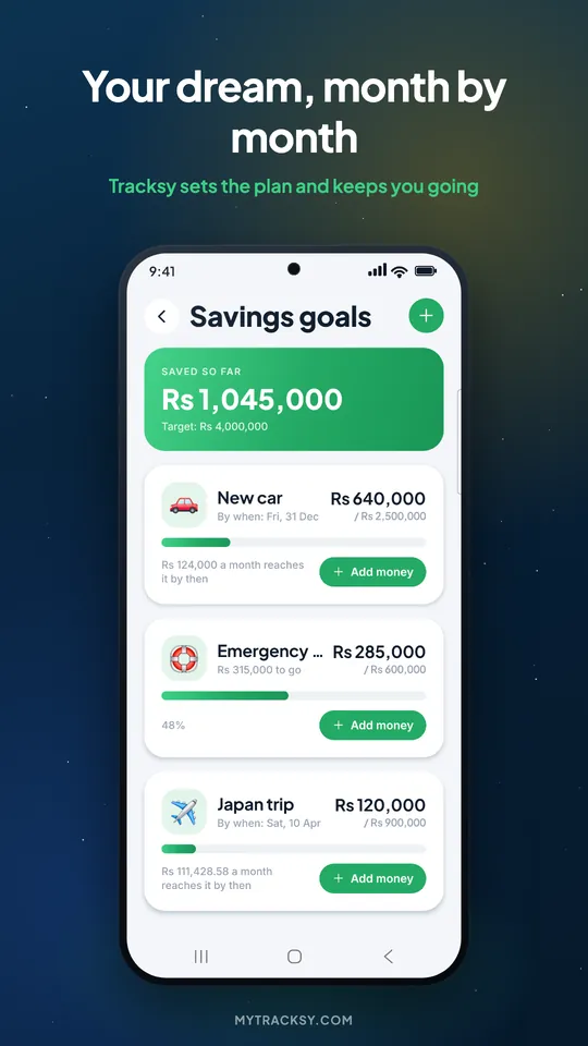 Savings goals: Tracksy sets the monthly plan for your dream