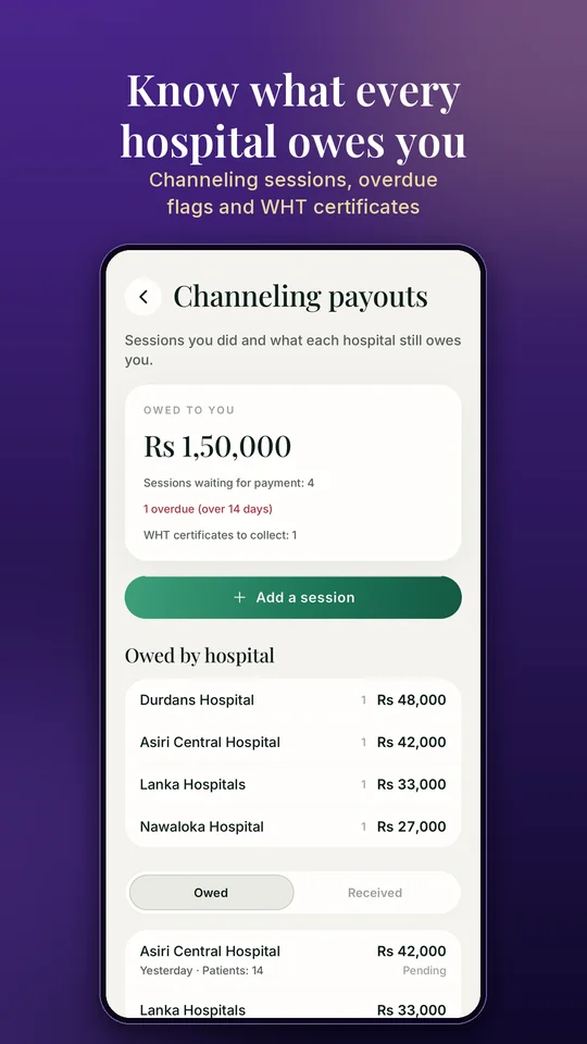 Know what every hospital owes you: sessions, overdue flags and WHT certificates