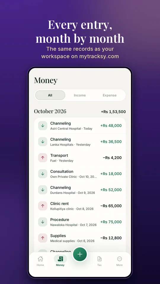 Every entry, month by month — the same records as your workspace on the web